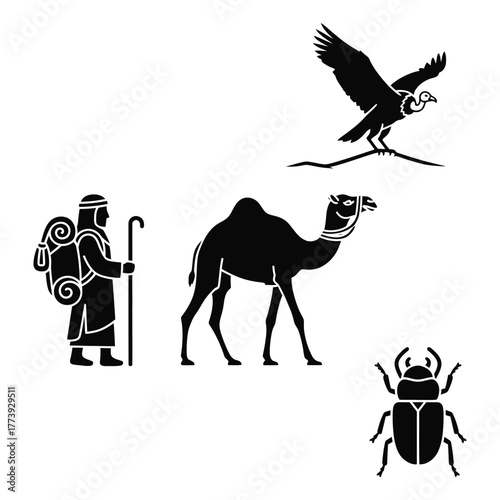 Black silhouette icons of a desert traveler, camel, vulture and scarab beetle Keywords: traveler, nomad