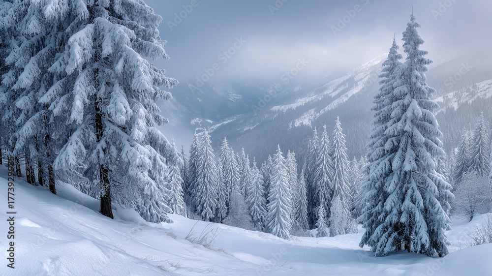 Fototapeta premium Snowcovered pine trees on a mountain slope under a cloudy sky, creating a serene winter landscape