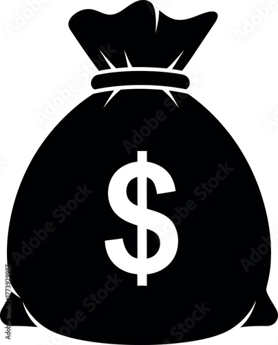 Vector Illustration of a White Dollar Sign Inside a Black Money Bag Icon on a Transparent Background