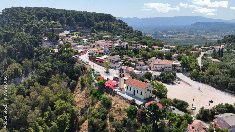 Obraz premium Aerial drone photo from famous scenic view of uphill Bohali to main town and square of Dionisios Solomos, Zakinthos island, Ionian, Greece