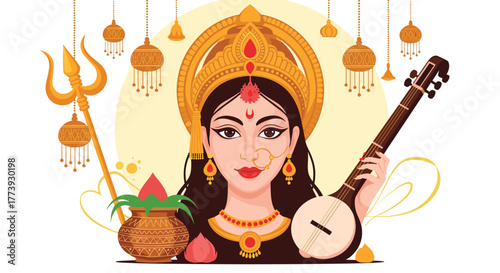 Beautiful illustration of Goddess Saraswati with musical instrument.