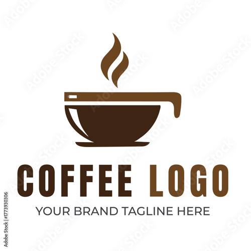 Brown coffee cup logo with steam and text hot beverage