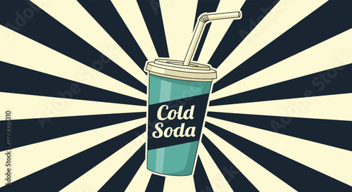Refreshing Cold Soda Cup with Straw on Retro Background.