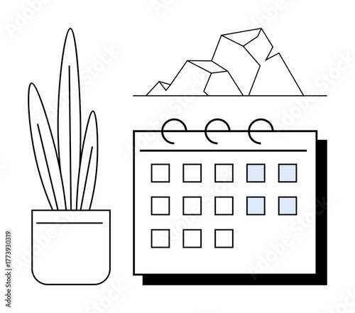 Potted plant, desk calendar with highlighted dates, abstract geometric shapes emphasizing order, growth. Ideal for planning, productivity, time management, organization, nature balance simple flat