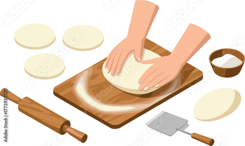 Hands kneading bread dough on wooden board with flour bowl and rolling pin, bakery preparation process illustration, homemade cooking concept