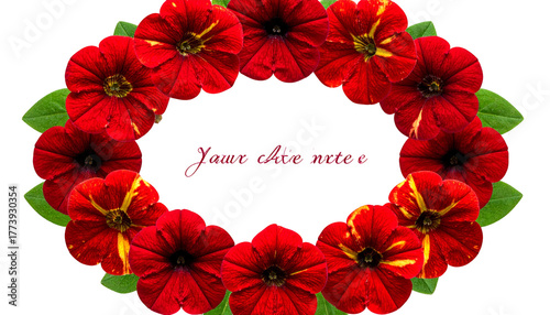 A vibrant, circular floral arrangement with deep red and yellow flowers and green leaves