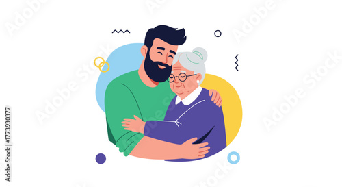 Man embraces elderly woman showing love and support family.