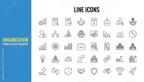 30 organization icons, black and white line style, business analytics, planning, infrastructure, innovation, security, vector illustration, editable stroke, professional concept