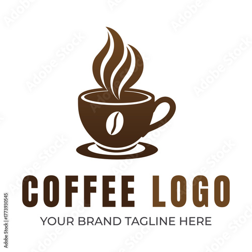 Brown coffee cup logo with steam and bean coffee bean