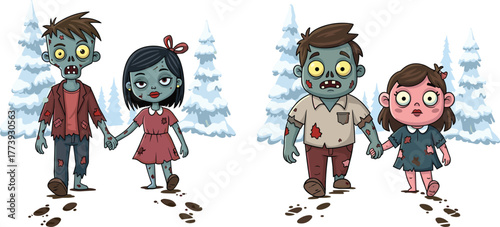 Zombie, winter, cartoon, snow, forest, kids, undead, funny, illustration, horror, creepy, comic, monster, character, spooky, footprints, cold, walking, quirky, holiday