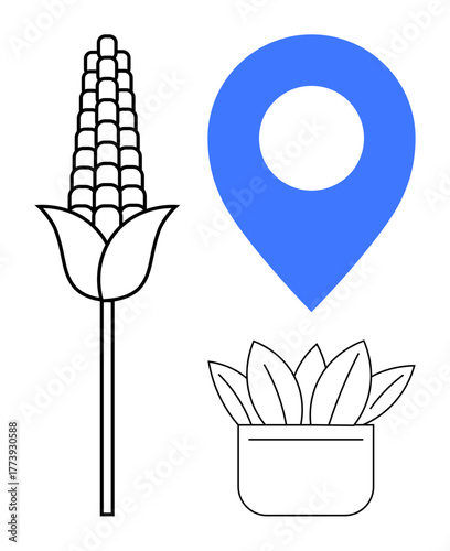 Corn stalk, blue location marker, and potted plant emphasize agriculture, sustainability, local farming, eco-friendly practices, plant growth, nature conservation, and location-based services as
