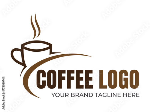 Coffee cup logo with steam and text hot drink