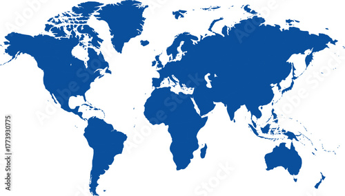 Blue vector illustration of the planet's world map displaying continents like North America, South America, Europe, Asia, and Australia on a white background, perfect for global business or travel des