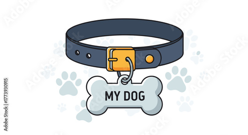 Dog Collar with Bone Tag and Paw Prints Illustration.