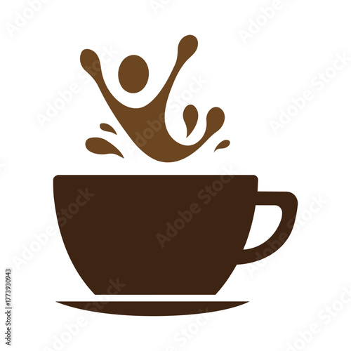 Brown coffee cup with splashing figure saucer liquid