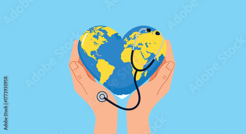 Global Healthcare: Hands Holding Earth with Stethoscope.