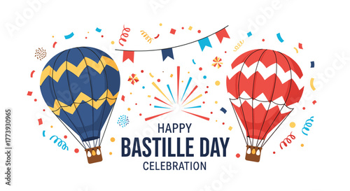 Festive Bastille Day Celebration with Hot Air Balloons and Confetti.