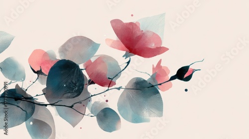 Stylized wild rose branch in geometric abstraction, flowing motion lines, gentle watercolor wash and poetic serenity, inspired by oriental minimalism, no text, no logo