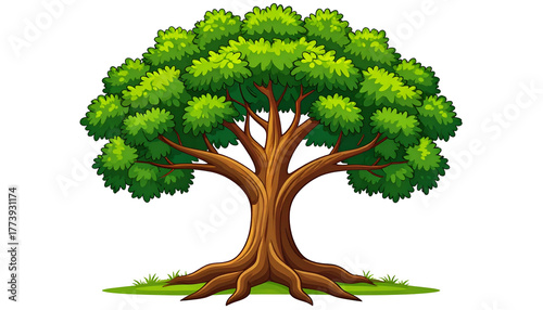 A vibrant cartoon tree with lush green foliage and a brown trunk, grass at its base