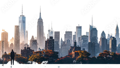 A silhouetted person gazes at a panoramic cityscape of towering skyscrapers