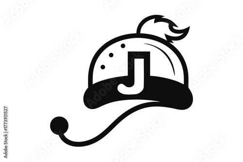 Curved hat pom pom over letter j playful santa icon