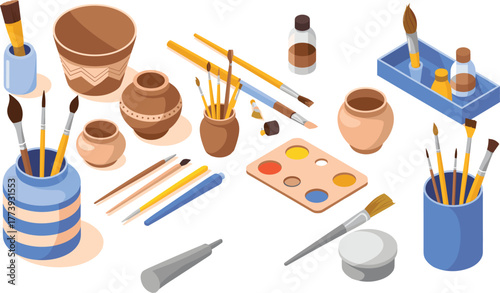 Isometric illustration of pottery making and painting tools including brushes, paint bottles, color palette, ceramic pots, and crafting equipment
