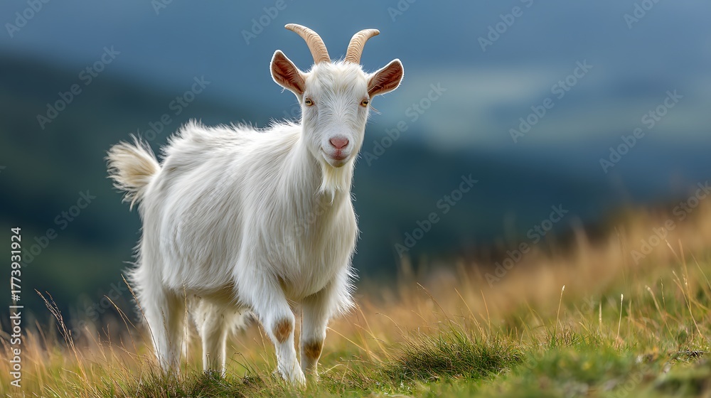 Fototapeta premium Domestic animal with horns stands attentively on a grassy hillside with a blurred natural background.