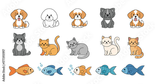 Cute cartoon pets and fish collection isolated on white background.