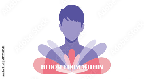 Flat vector illustration of a teenager silhouette with an abstract blooming shape coming from the chest and the text "Bloom from Within"