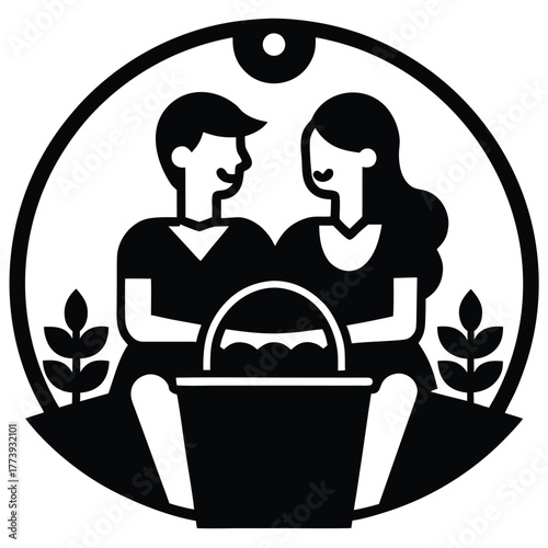 couple picnic basket silhouette Valentine’s Day vector icon