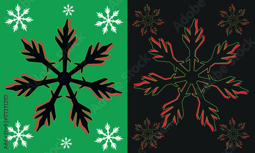 Dual Snowflakes: A captivating split composition showcasing the unique beauty of snowflakes, with one half on a vibrant green backdrop, the other on a deep black.