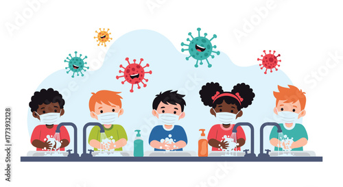 Children washing hands with soap to prevent virus spread.