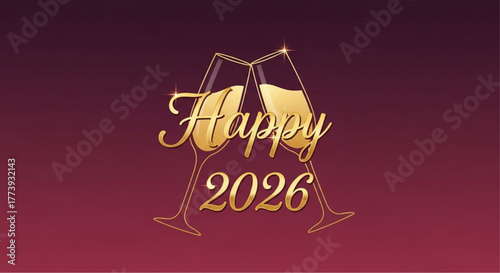 A festive celebratory cheers to the new year 2026, with an artistic flourish featuring golden champagne glasses, evoking a sense of excitement and elegance. vector illustration