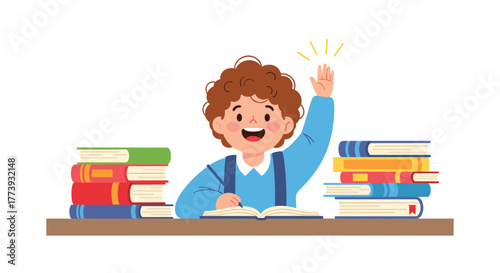 Young student raising hand in class ready to answer.