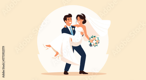 Groom carrying bride happy couple celebrating wedding day.