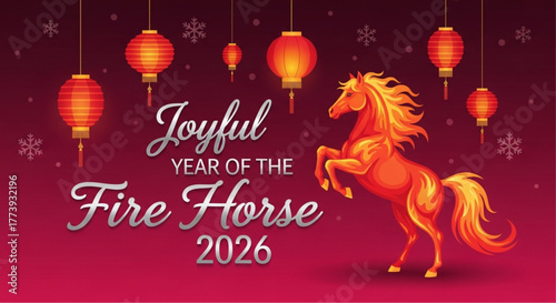Vibrant Chinese New Year 2026 illustration of the year of Fire Horse, featuring a stylized prancing horse, glowing lanterns, and an elegant font. vector illustration
