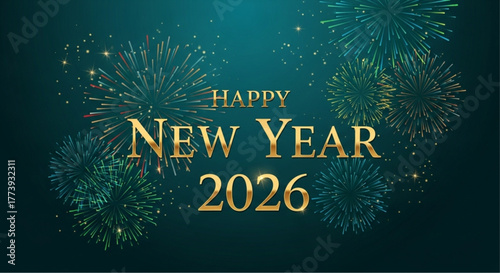 A festive and vibrant New Year's greeting for 2026, where fireworks burst in a kaleidoscope of colors against a dark background, the gold Happy New Year 2026 text. vector illustration