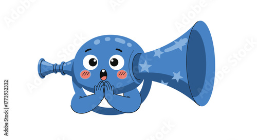 Cute blue cartoon trumpet with surprised expression and hands.