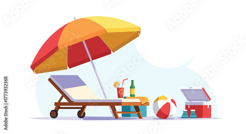 Beach scene with umbrella chair and refreshments.