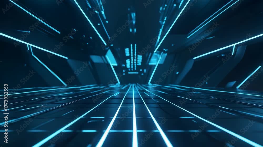 Neon Blue Sci-Fi Tunnel with Glowing Grid Lines and Infinite Perspective Depth