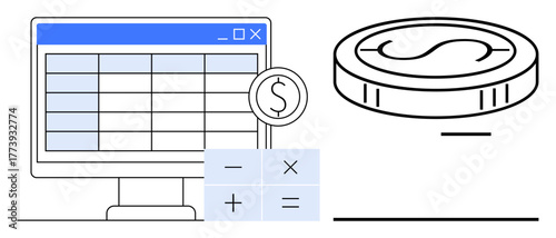 Monitor displaying a spreadsheet, a calculator with mathematical symbols, and a coin. Ideal for finance, budgeting, accounting, income planning, economics, digital analysis simple flat metaphor