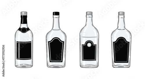Four transparent bottles with black labels isolated on white background.