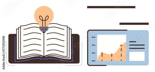 Open book with glowing lightbulb and chart dashboard displaying data trends and metrics. Ideal for education, knowledge, innovation, research, analytics, learning strategies, and academic insights