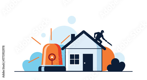 Home security system with alarm and burglar on the roof.