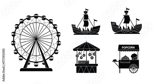 Amusement park silhouette icons featuring Ferris wheel and attractions.