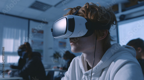 Student learning with VR headset inside modern classroom, futuristic education theme, cinematic composition.
