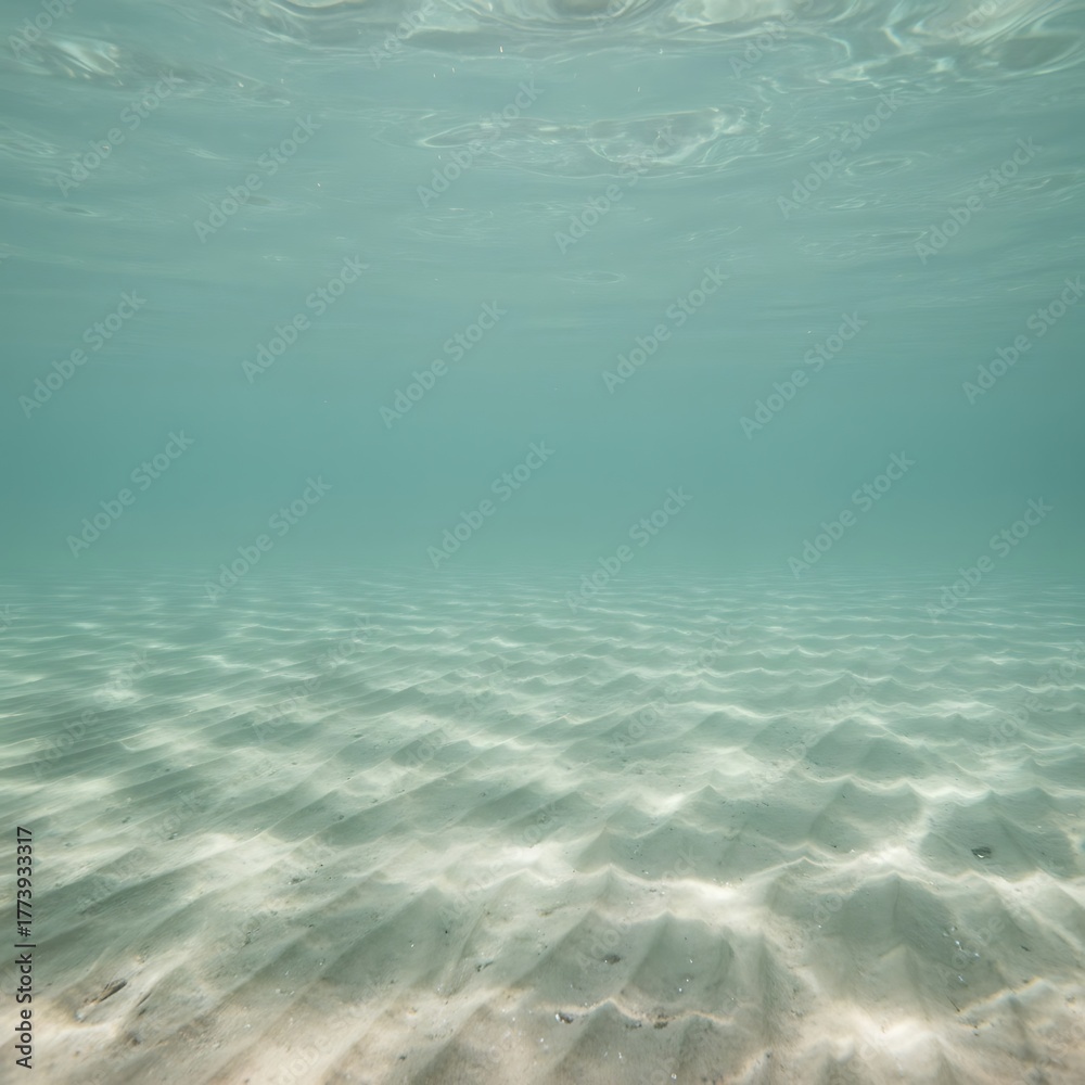 Obraz premium Underwater view in sea green, showing the sandy bottom of the sea, conveying a clear sense of volume and depth in the water column, without objects.