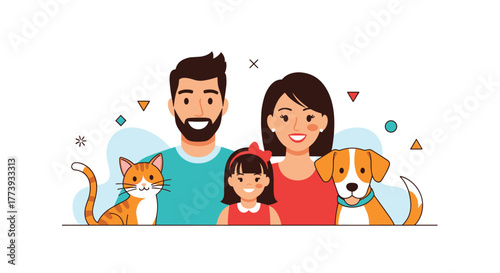Family portrait with pets happy parents and child cat and dog.