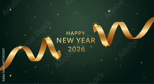 Celebrate the dawn of 2026 with a festive digital illustration, featuring elegant golden ribbons swirling against a deep green backdrop. vector illustration