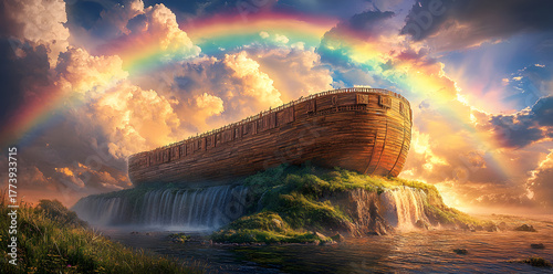 Majestic digital illustration of Noah’s Ark resting on a mountain after the Great Flood, vibrant rainbow in the sky symbolizing hope and divine promise.